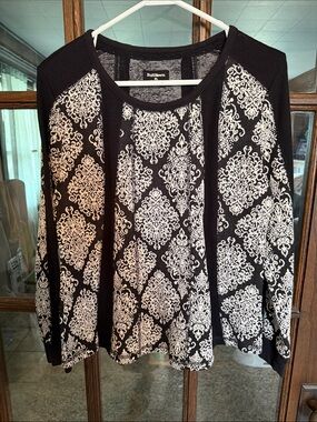 RuffHewn Womens Black White Damask Print Mixed Media Long Sleeve Top PL Petite L